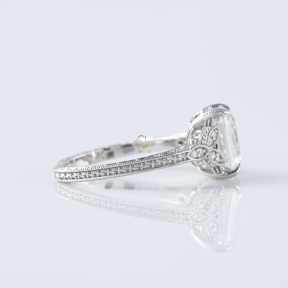 Art Deco Vintage Emerald Cut Moissanite Diamond Filigree Ring in 14k white gold