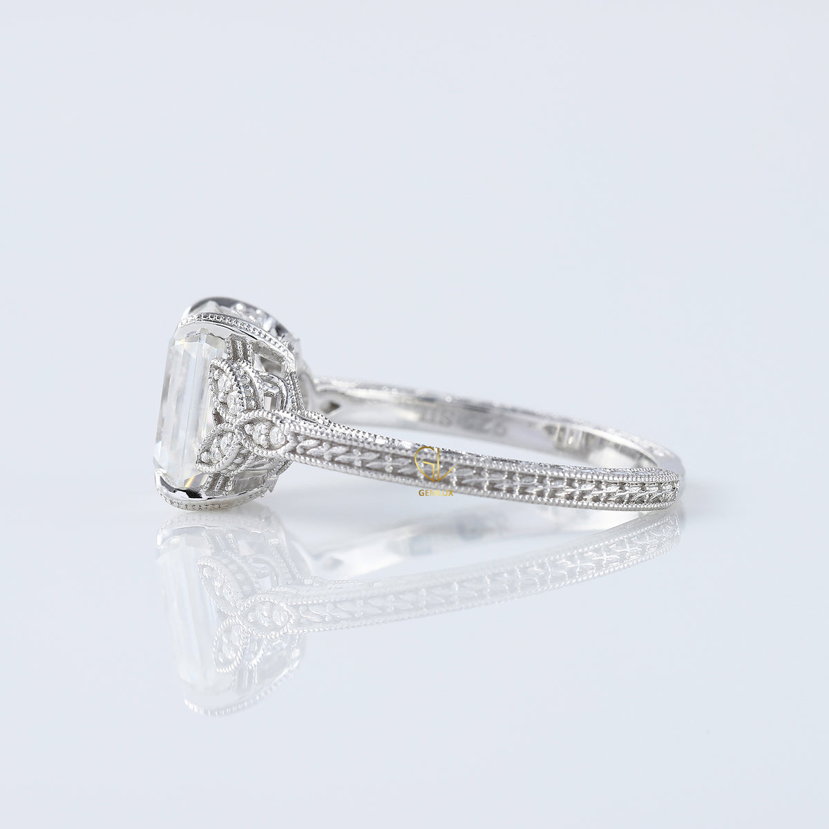 Art Deco Vintage Emerald Cut Moissanite Diamond Filigree Ring in 14k white gold
