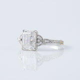 Art Deco Vintage Emerald Cut Moissanite Diamond Filigree Ring in 14k white gold