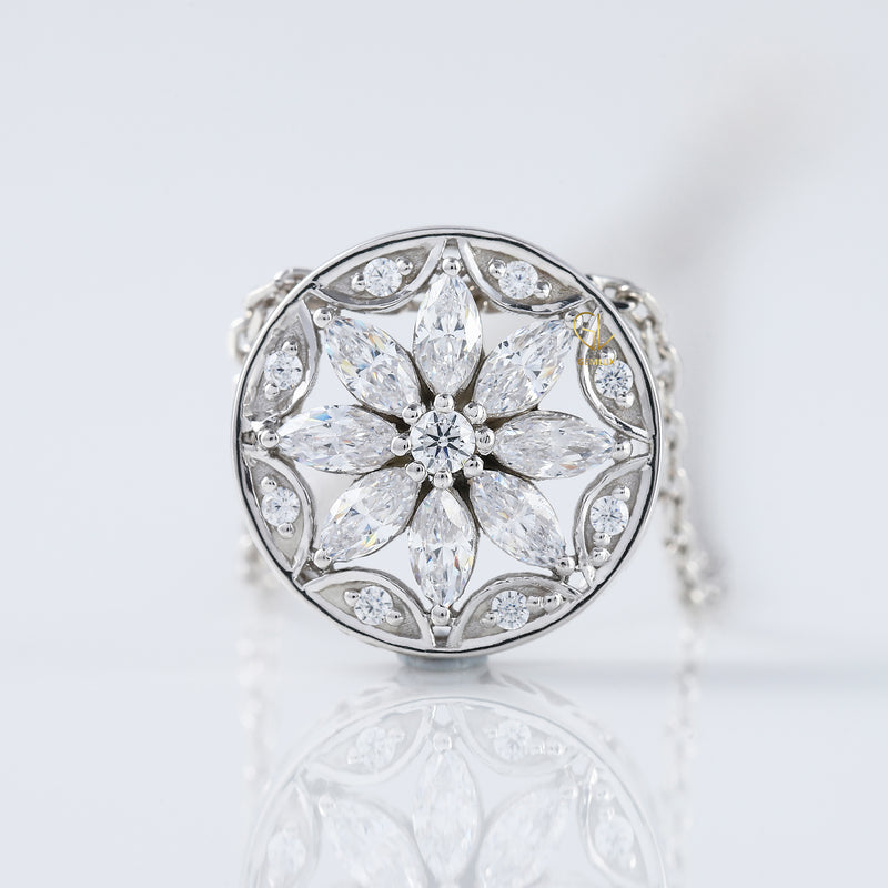 14K White Gold Art Deco Floral Halo Moissanite Delicate Pendant