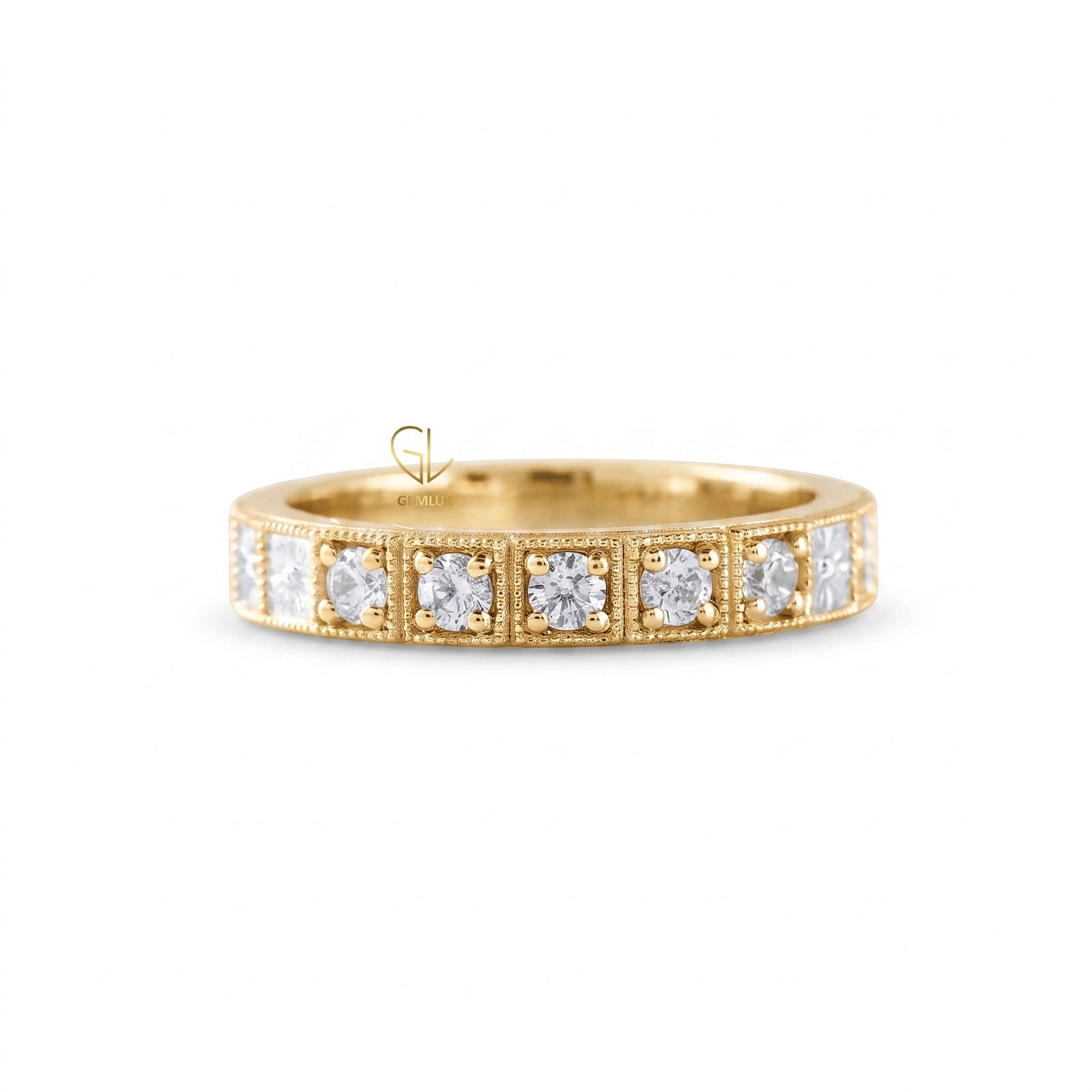 Art Deco Milgrain Band, Round Cut Moissanite Five Stone Wedding Band