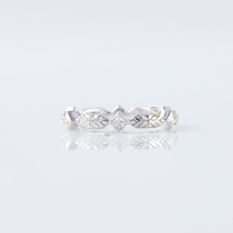 Art Deco Princess Cut Moissanite Filigree Wedding Band