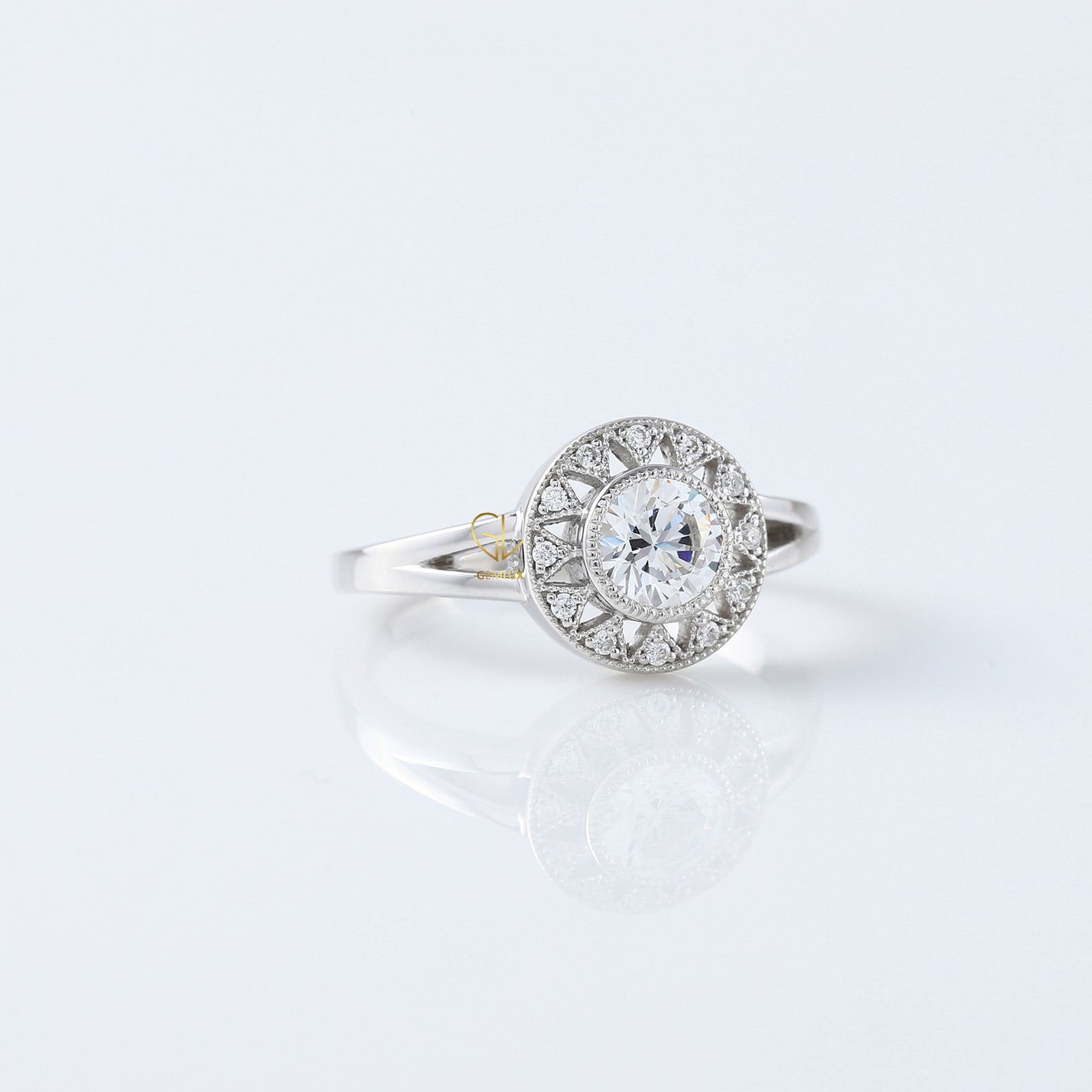 Art Deco Round Moissanite Halo Engagement Ring - White Gold 