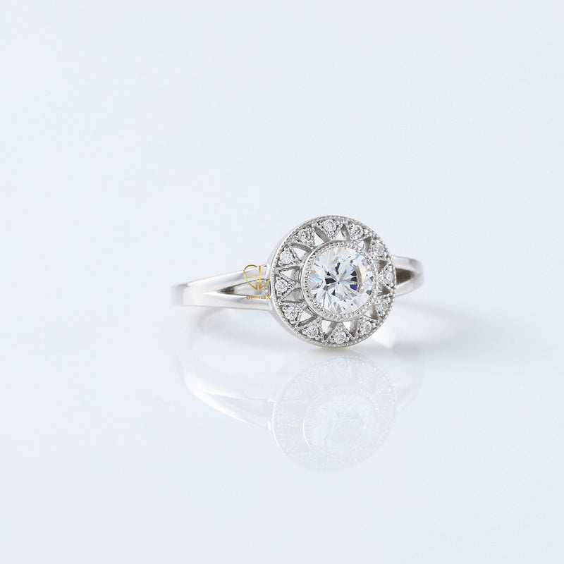 Art Deco Round Moissanite Halo Engagement Ring - White Gold