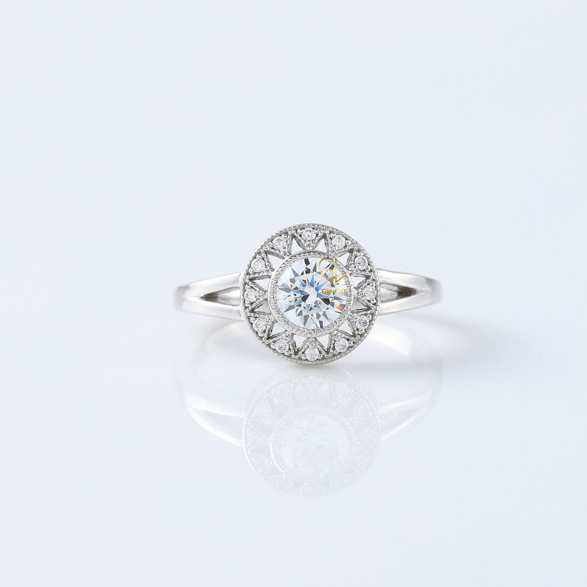 Art Deco Round Moissanite Halo Engagement Ring - White Gold 