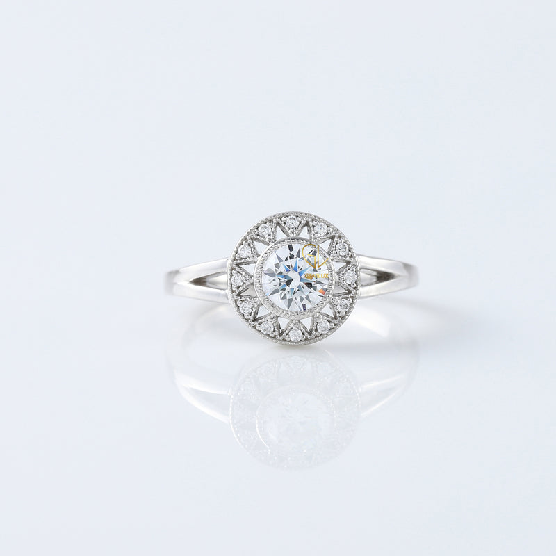 Art Deco Round Moissanite Halo Engagement Ring - White Gold