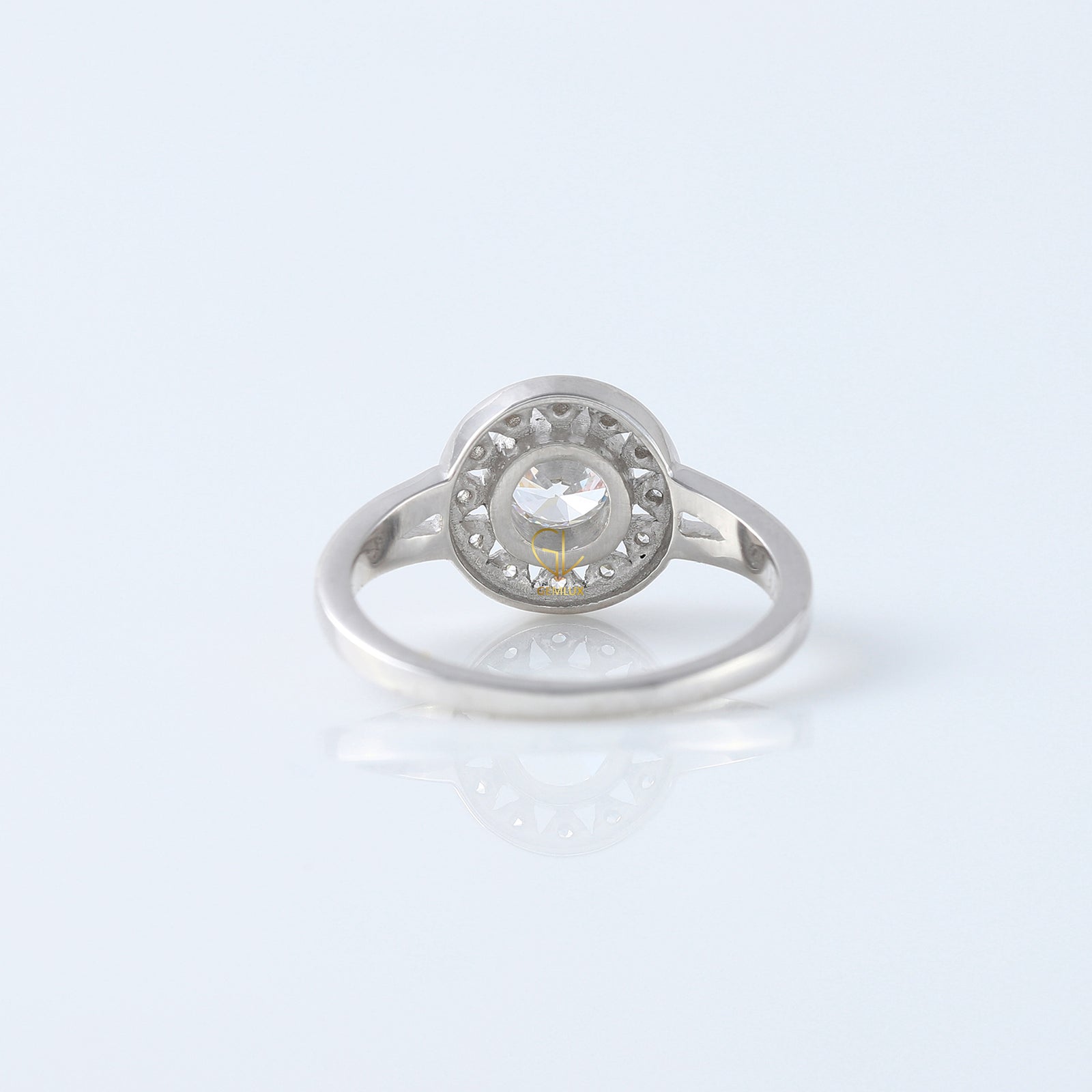Art Deco Round Moissanite Halo Engagement Ring - White Gold 