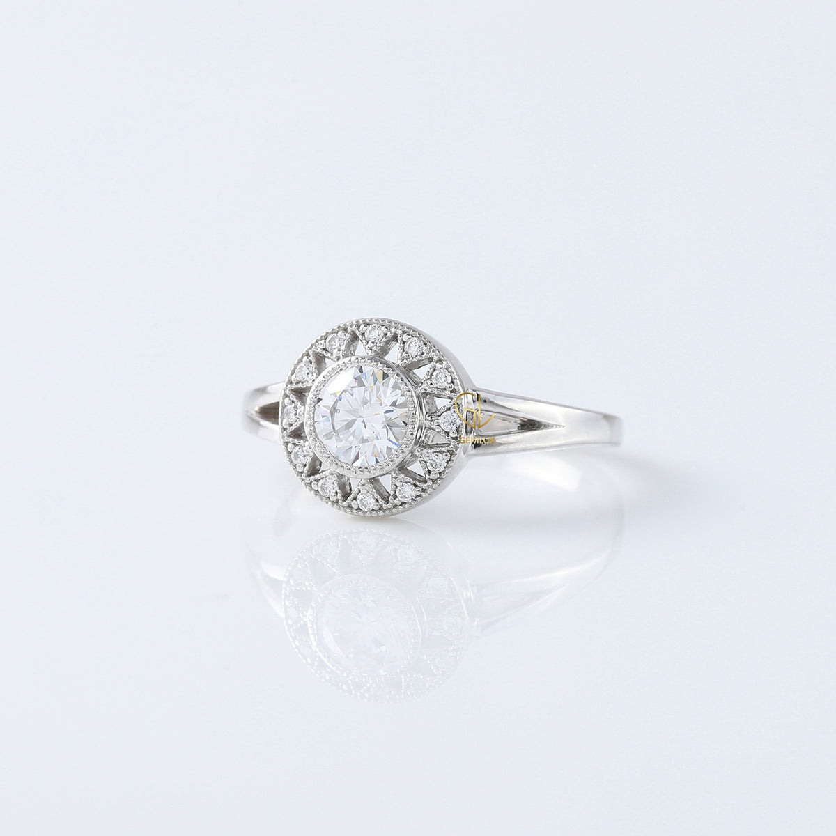 Art Deco Round Moissanite Halo Engagement Ring - White Gold 