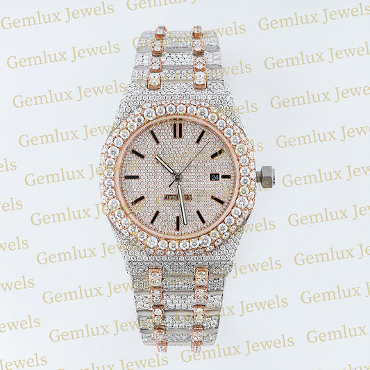 Automatic Movement Two Tone Rose Gold Iced Out Moissanite Watch