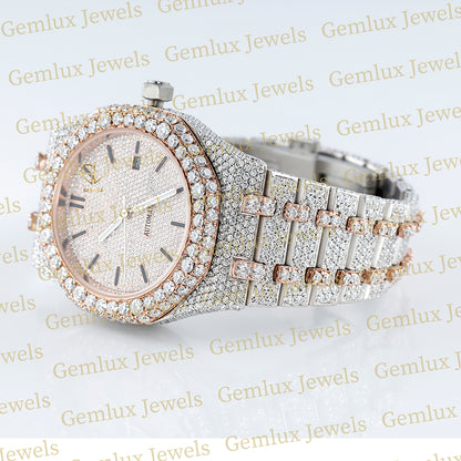 Automatic Movement Two Tone Rose Gold Iced Out Moissanite Watch