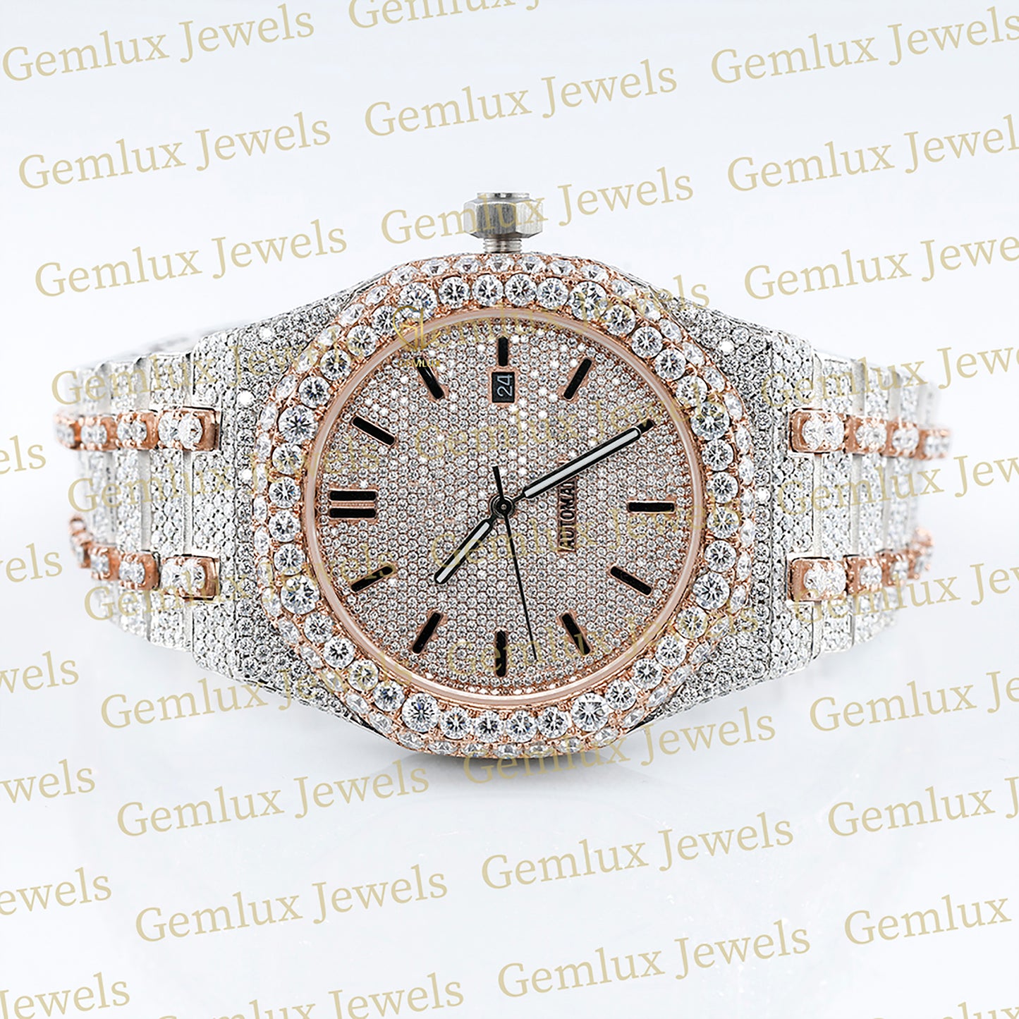 Automatic Movement Two Tone Rose Gold Iced Out Moissanite Watch