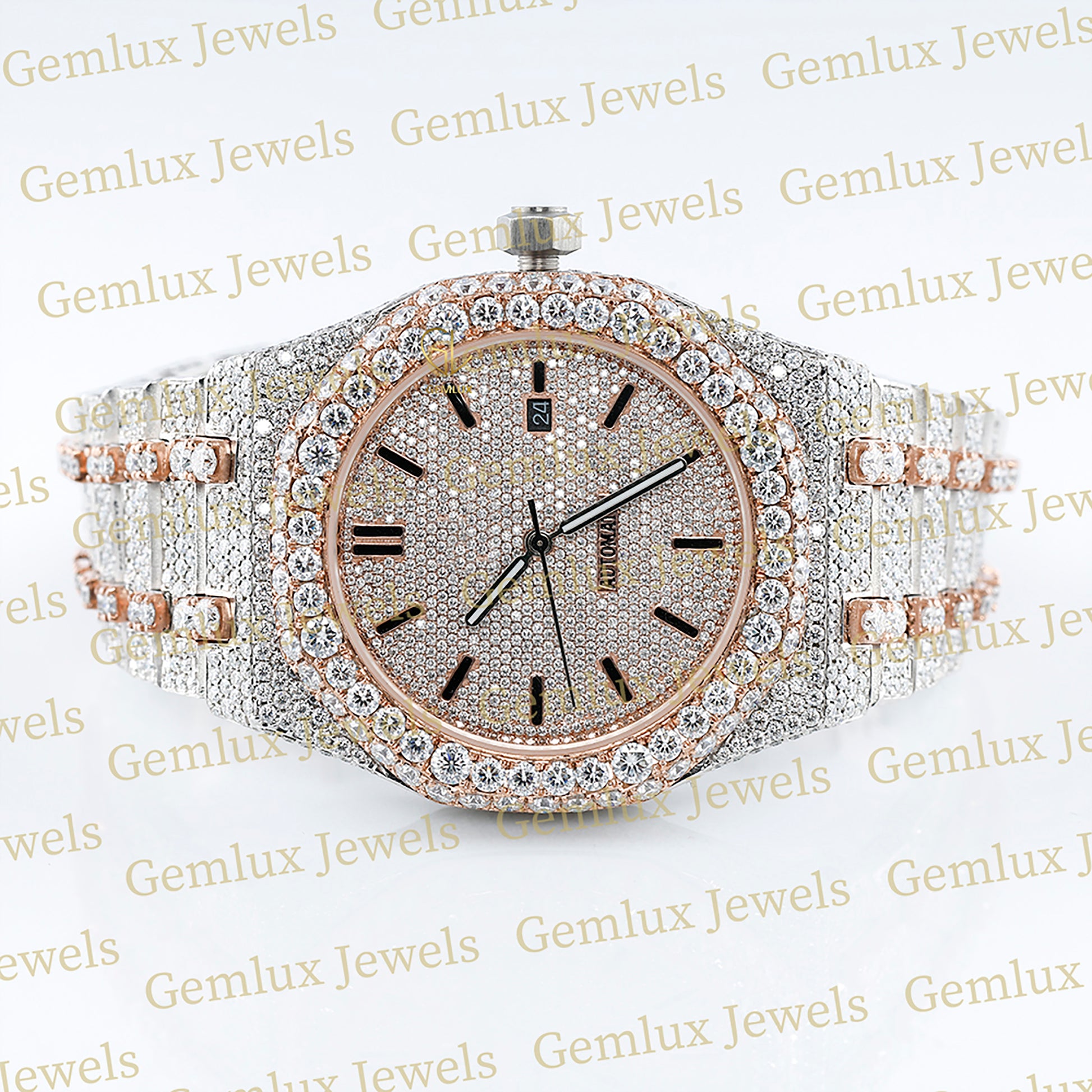 Automatic Movement Two Tone Rose Gold Iced Out Moissanite Watch
