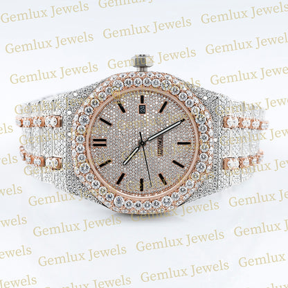 Automatic Movement Two Tone Rose Gold Iced Out Moissanite Watch