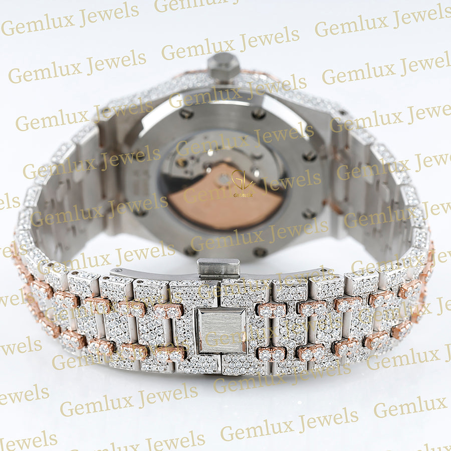 Automatic Movement Two Tone Rose Gold Iced Out Moissanite Watch