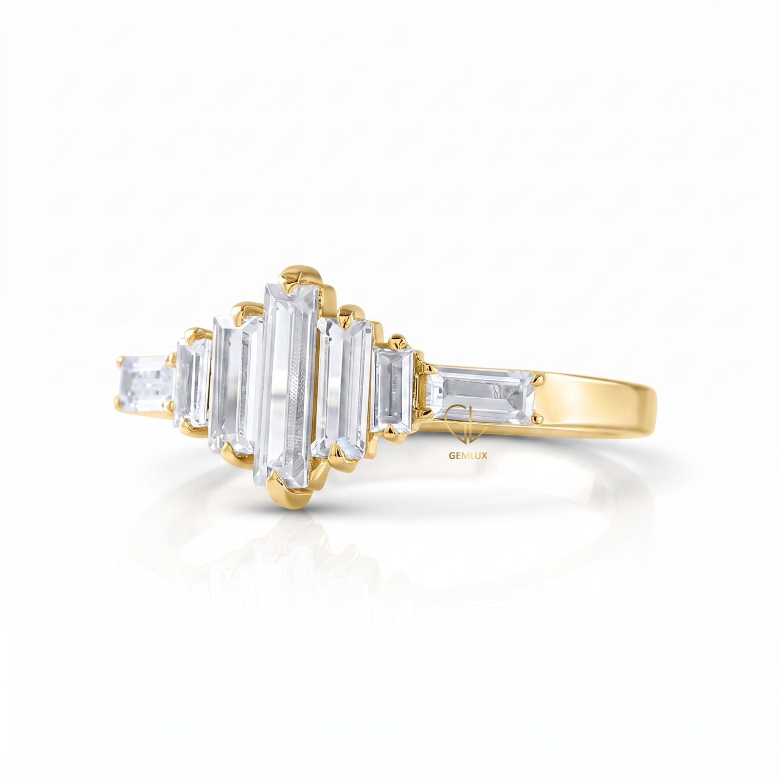 Baguette Cut Moissanite Seven Stone Ring in Solid Gold