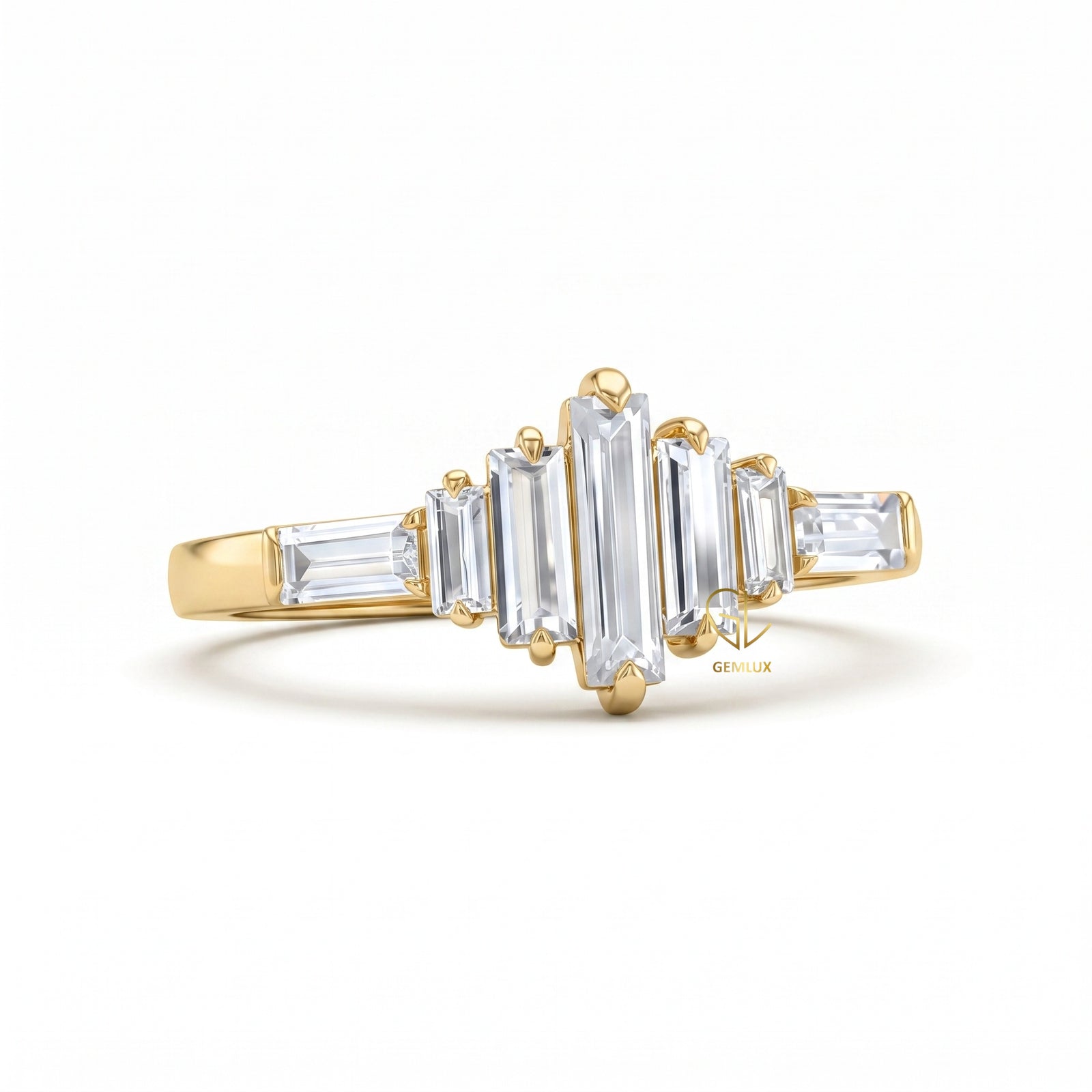 Baguette Cut Moissanite Seven Stone Ring in Solid Gold