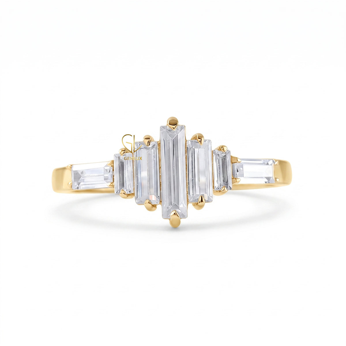 Baguette Cut Moissanite Seven Stone Ring in Solid Gold