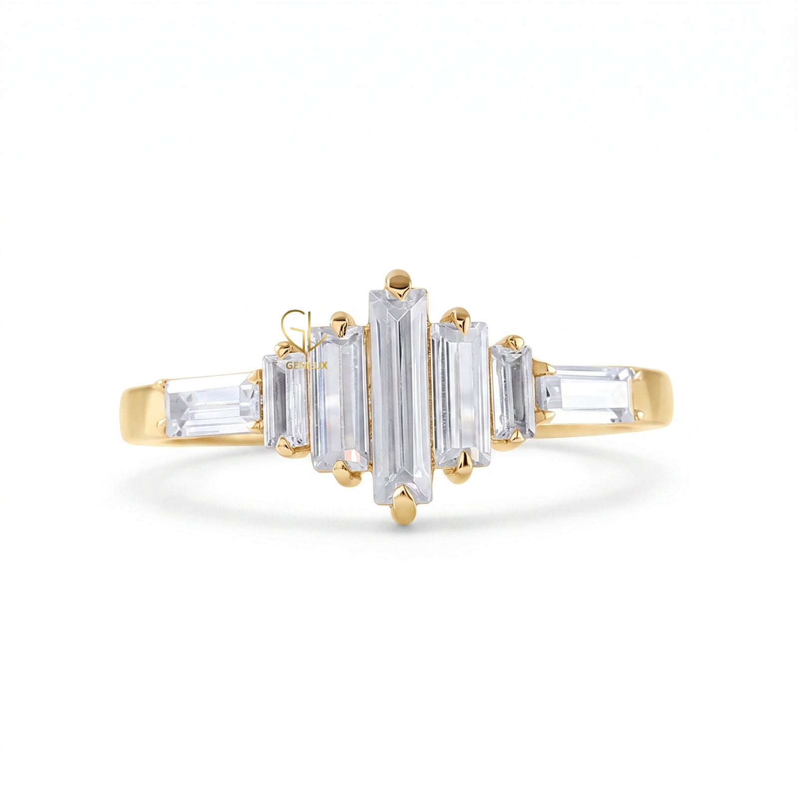Baguette Cut Moissanite Seven Stone Ring in Solid Gold