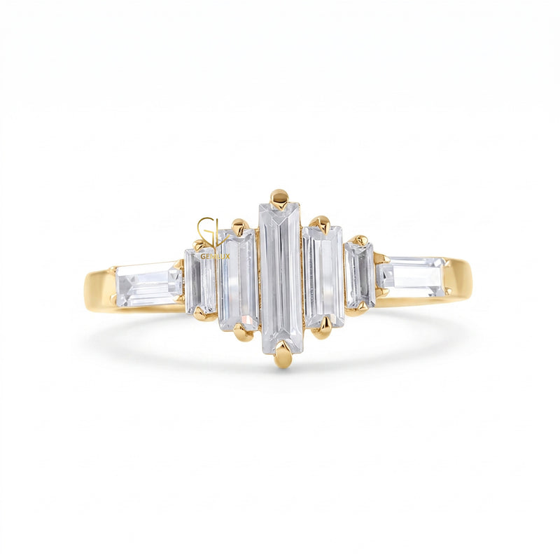 Baguette Cut Moissanite Seven Stone Ring in Solid Gold