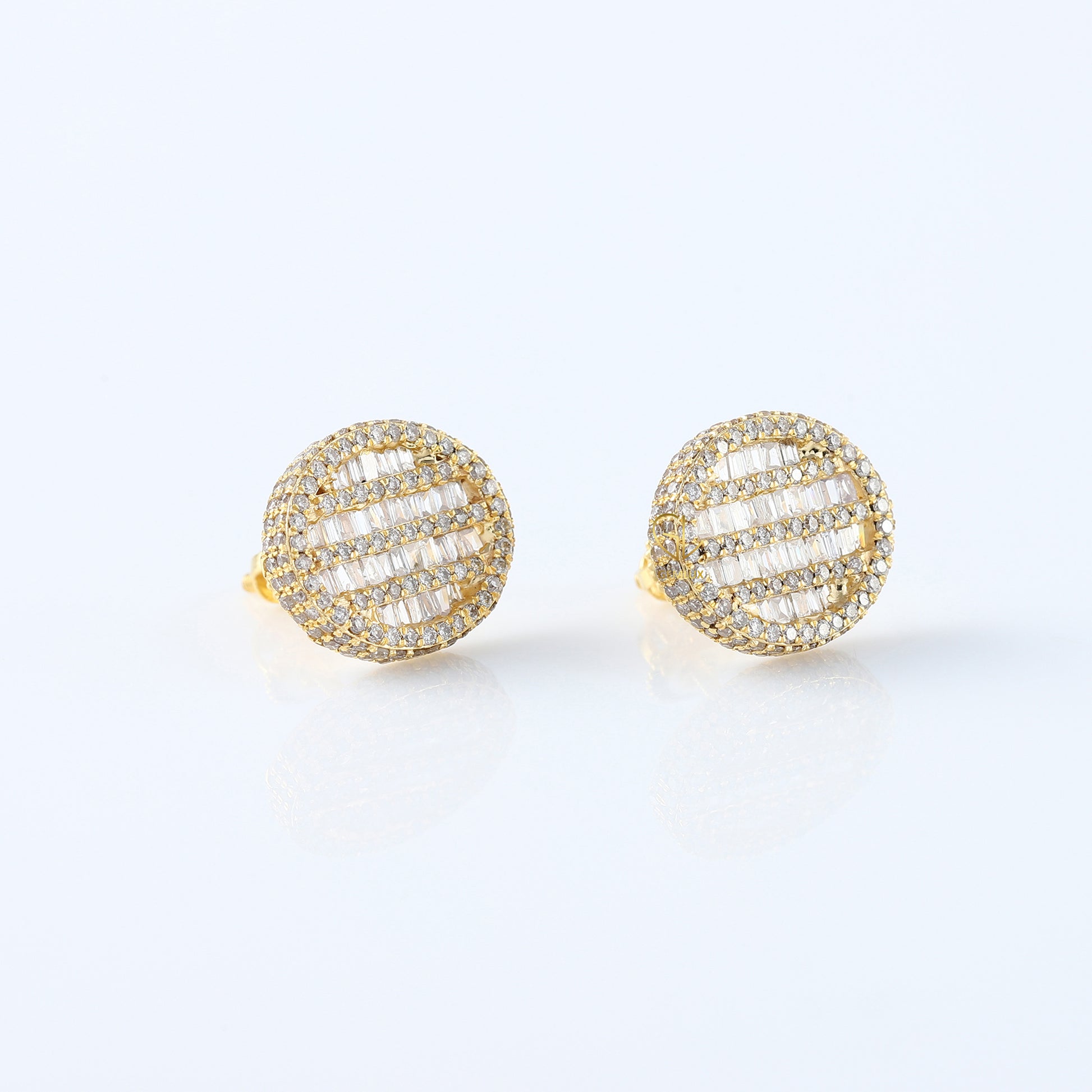 Baguette & Round Cut Lab Grown Yellow Gold Stud Earrings