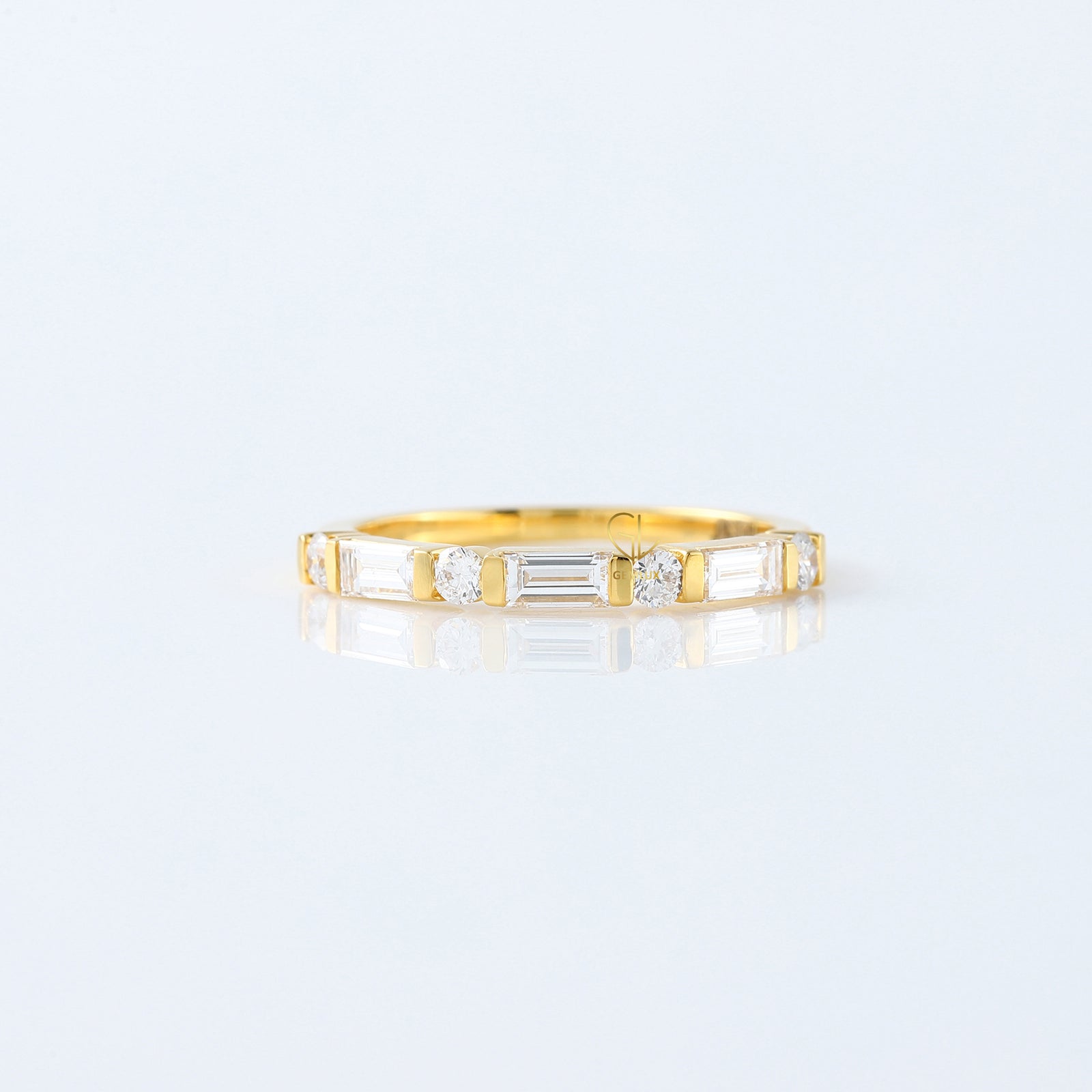 Baguette & Round Cut Moissanite Diamond Bar Setting Alternating Wedding Band