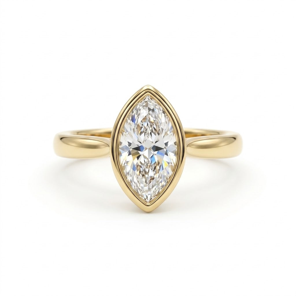 Bezel marquise ring with lab grown diamond in yellow gold full bezel solitaire setting