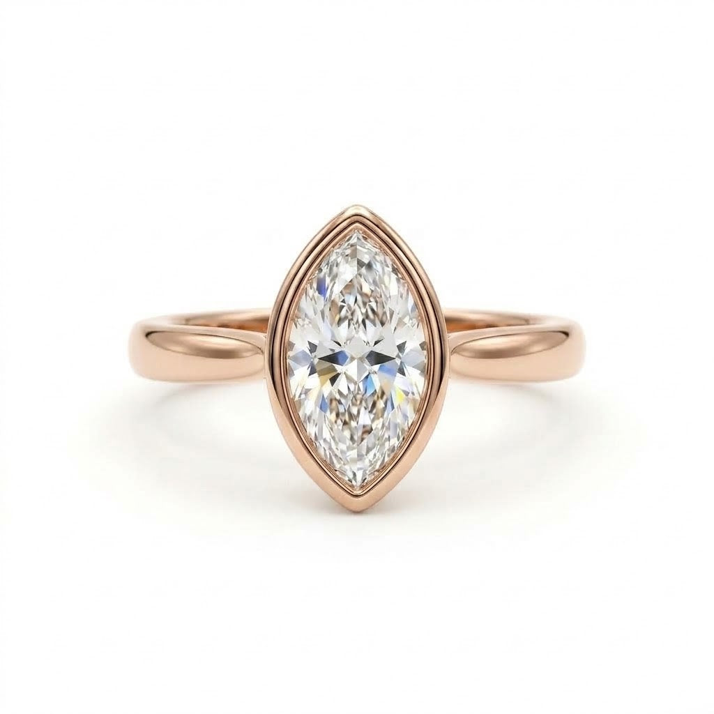 Bezel marquise ring with lab grown diamond in yellow gold full bezel solitaire setting