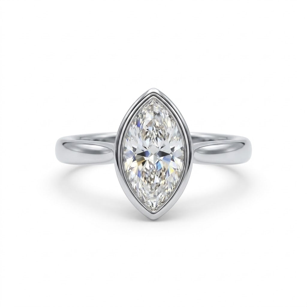 Bezel marquise ring with lab grown diamond in yellow gold full bezel solitaire setting