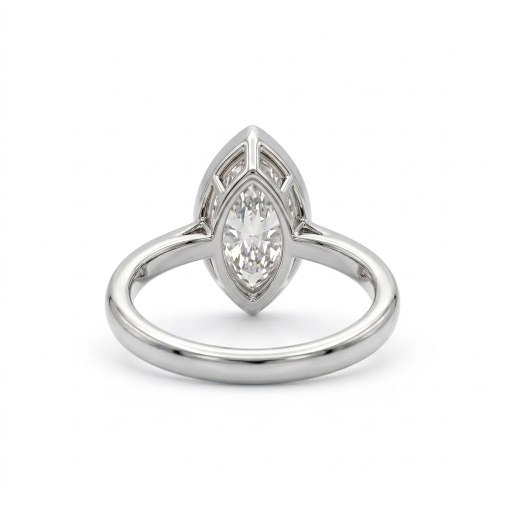Bezel marquise ring with lab grown diamond in yellow gold full bezel solitaire setting
