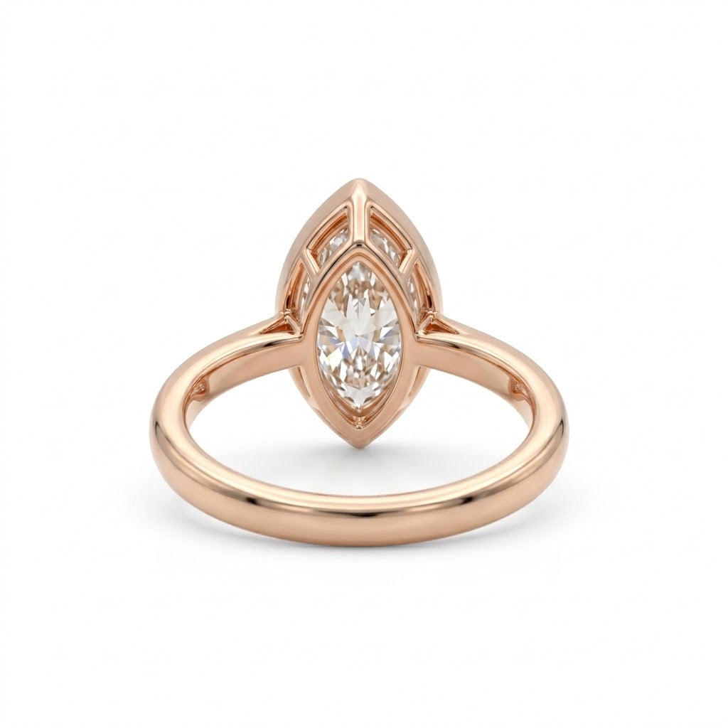 Bezel marquise ring with lab grown diamond in yellow gold full bezel solitaire setting