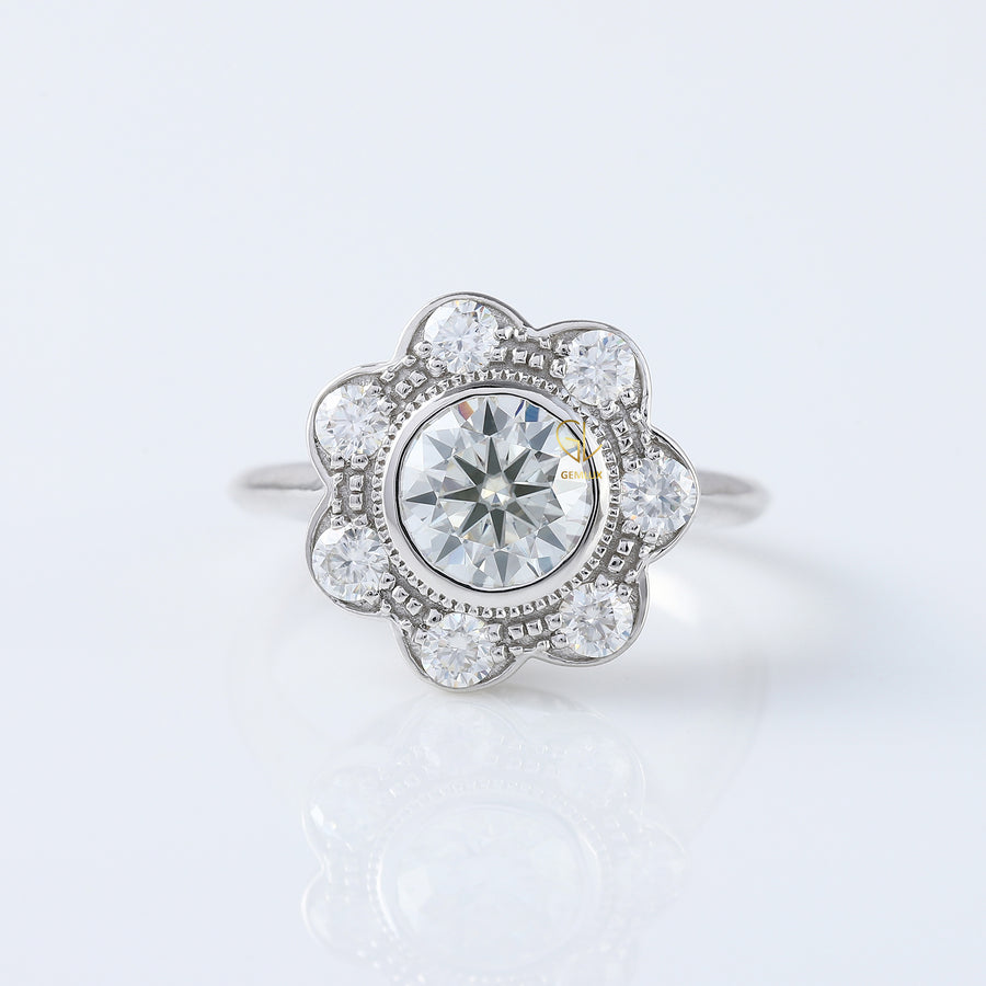 Bezel Set Floral Halo Round Lab Grown Vintage Ring