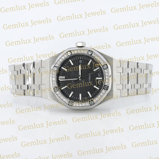 Black Dial Moissanite Diamond Bezel Wrist Watch For Women