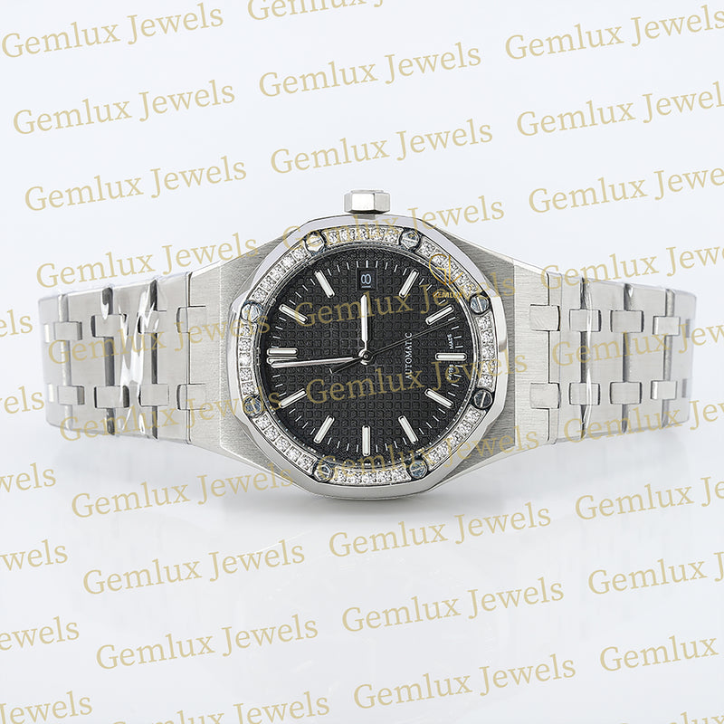 Black Dial Moissanite Diamond Bezel Wrist Watch For Women