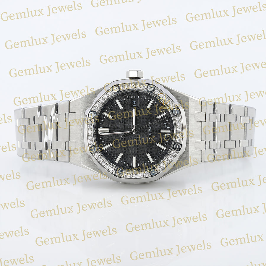 Black Dial Moissanite Diamond Bezel Wrist Watch For Women