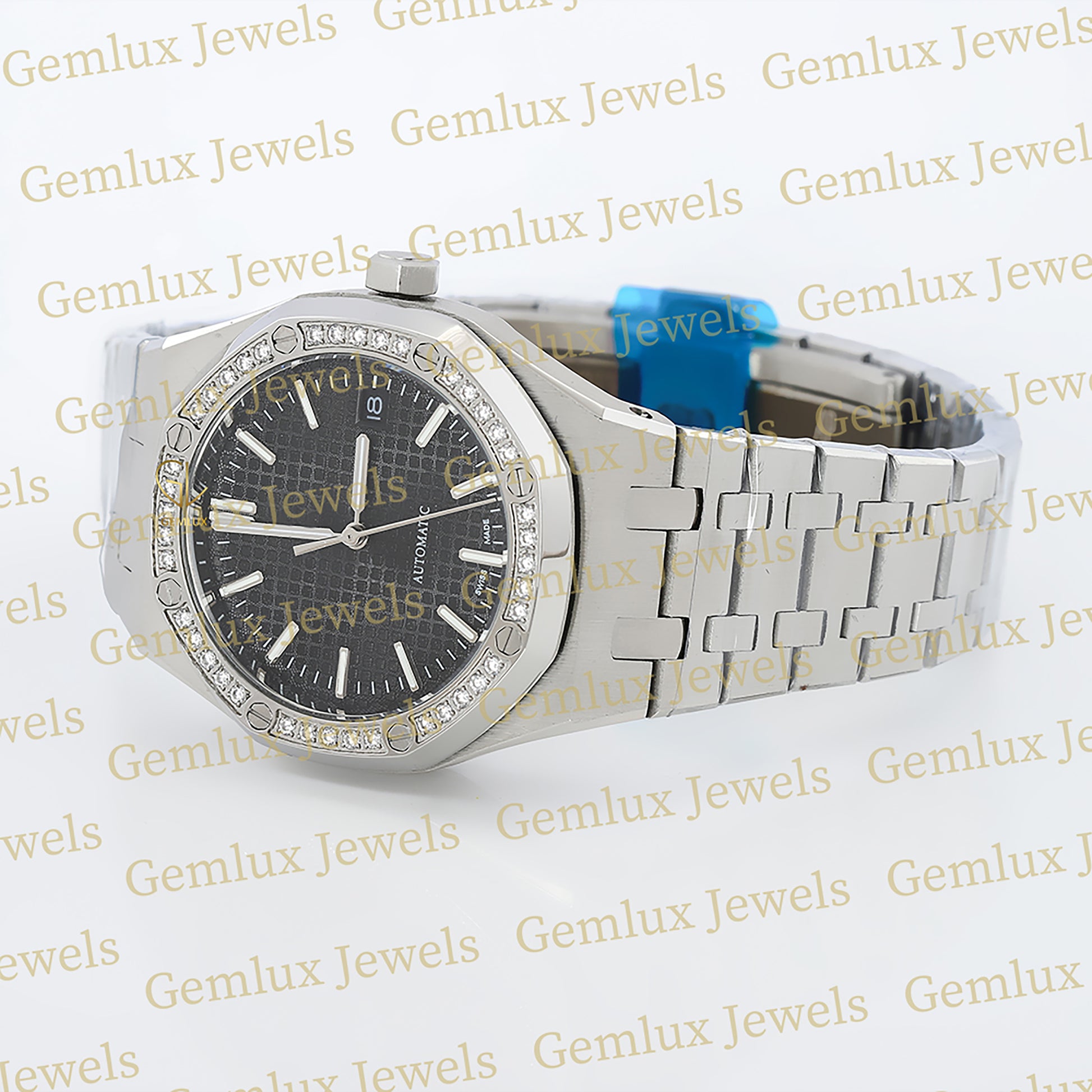 Black Dial Moissanite Diamond Bezel Wrist Watch For Women