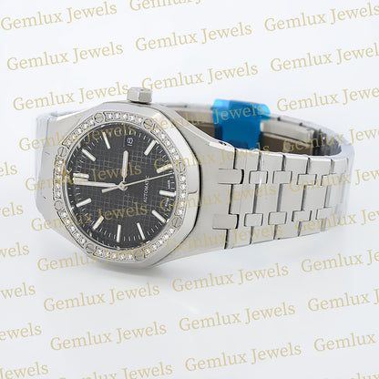 Black Dial Moissanite Diamond Bezel Wrist Watch For Women