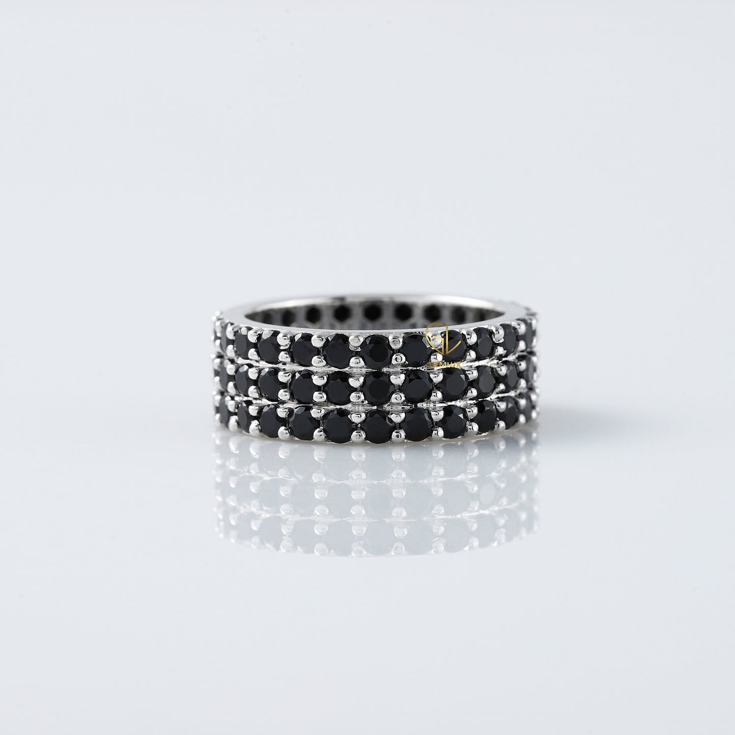 Black Round Cut Lab Grown Diamond Three Row Band
