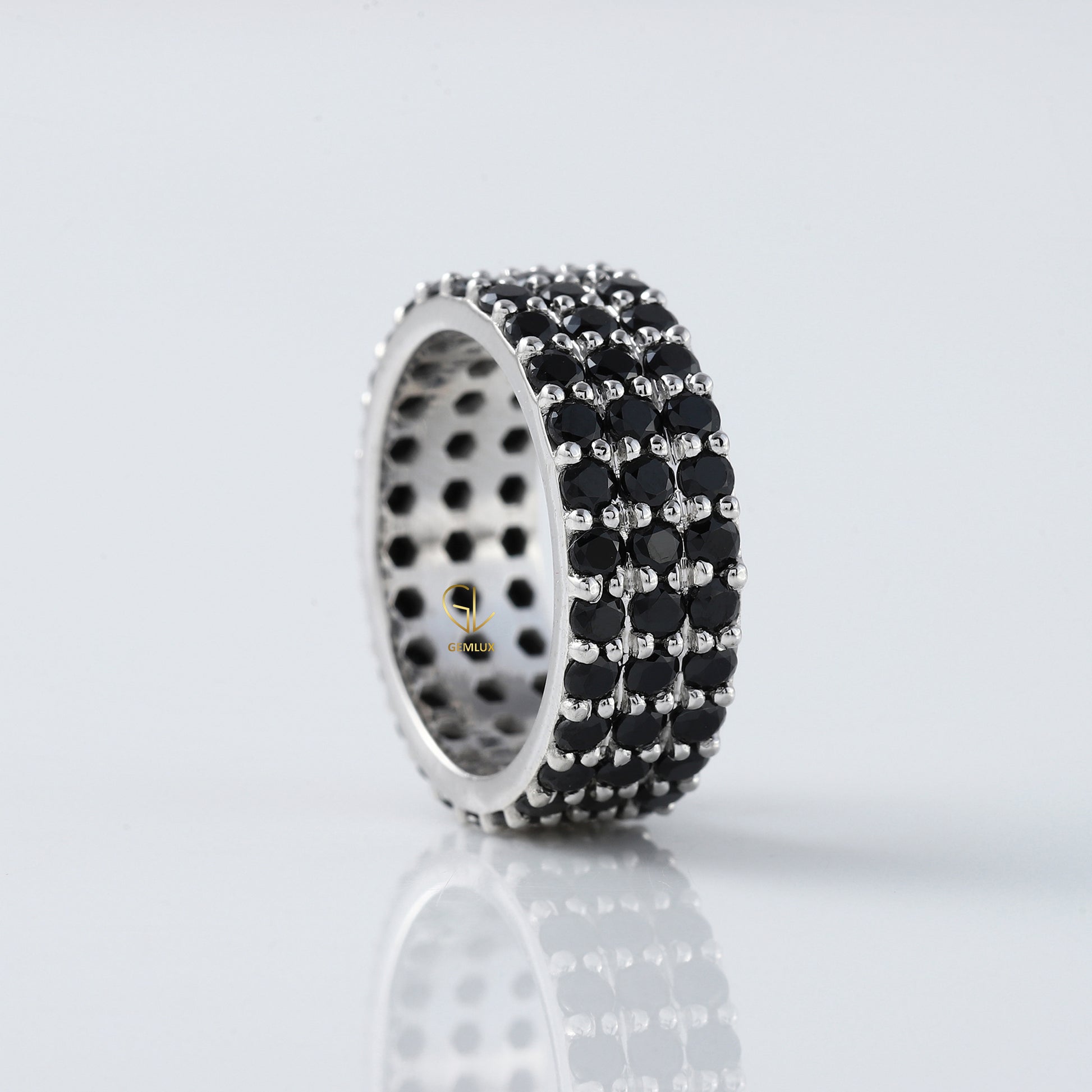 Black Round Cut Lab Grown Diamond Three Row Band