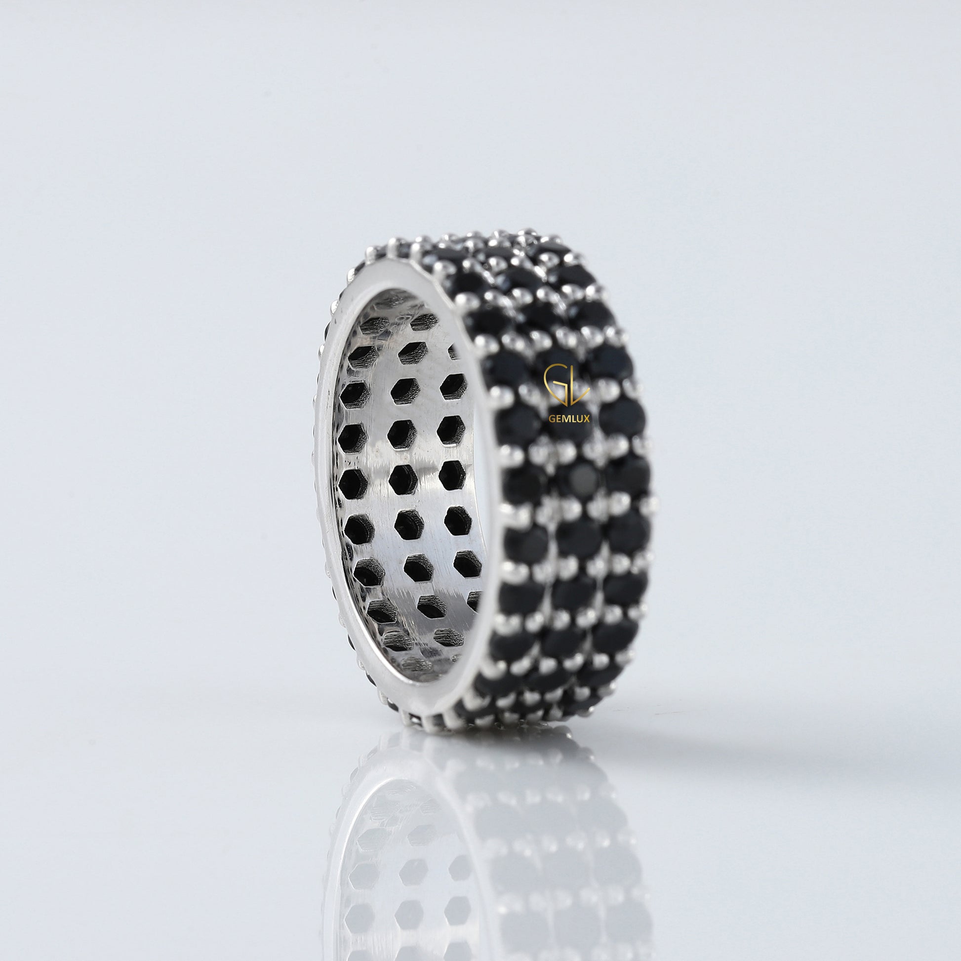 Black Round Cut Lab Grown Diamond Three Row Band