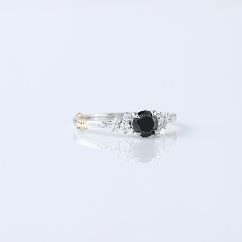 Black Round Cut Natural Diamond Tiny Cluster Ring