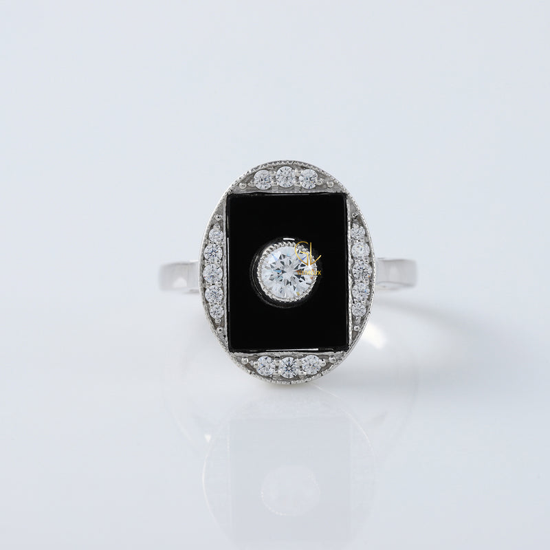 Black Onyx 1920s Vintage Art Deco Round Moissanite Cocktail Ring