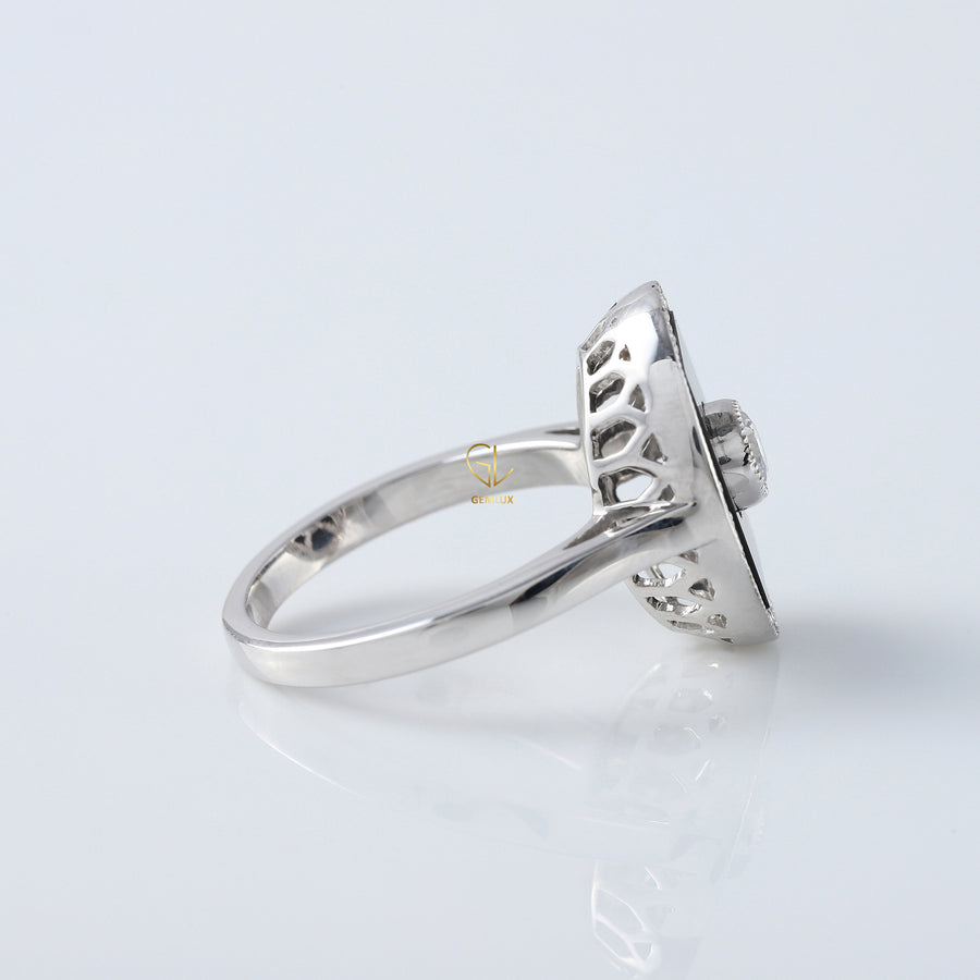 Black Onyx 1920s Vintage Art Deco Round Moissanite Cocktail Ring