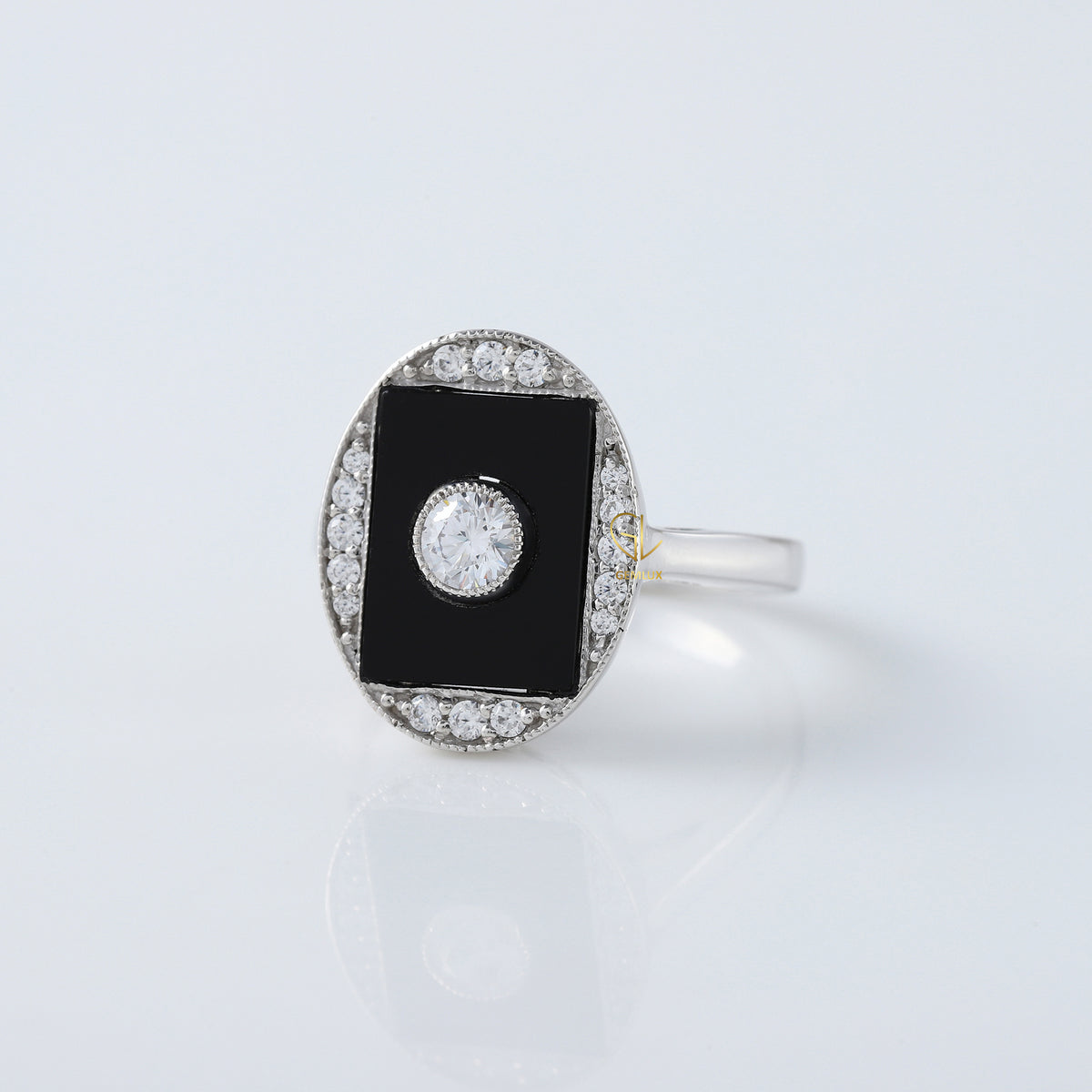 Black Onyx 1920s Vintage Art Deco Round Moissanite Cocktail Ring