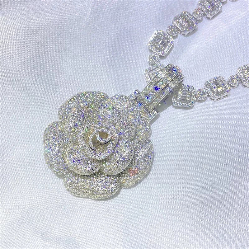 Bling Bling Iced Out Moissanite Rose Flower Pendant