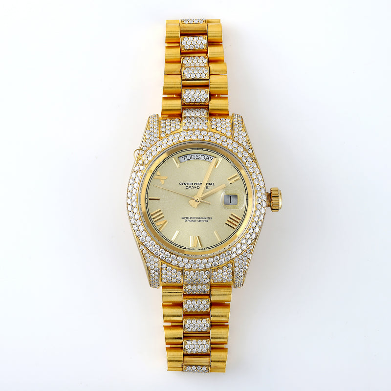 VVS Moissanite Roman Dial Day Date Yellow Gold Plated Presidential Watch
