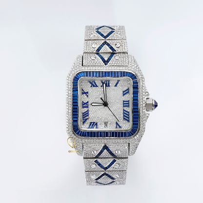 Blue Sapphire Bezel Square Roman Dial Cutomise Iced Out Moissanite Watch