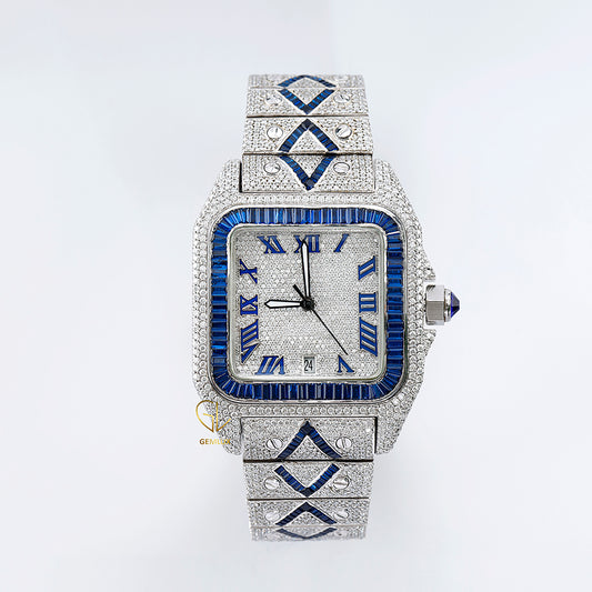 Blue Sapphire Bezel Square Roman Dial Cutomise Iced Out Moissanite Watch