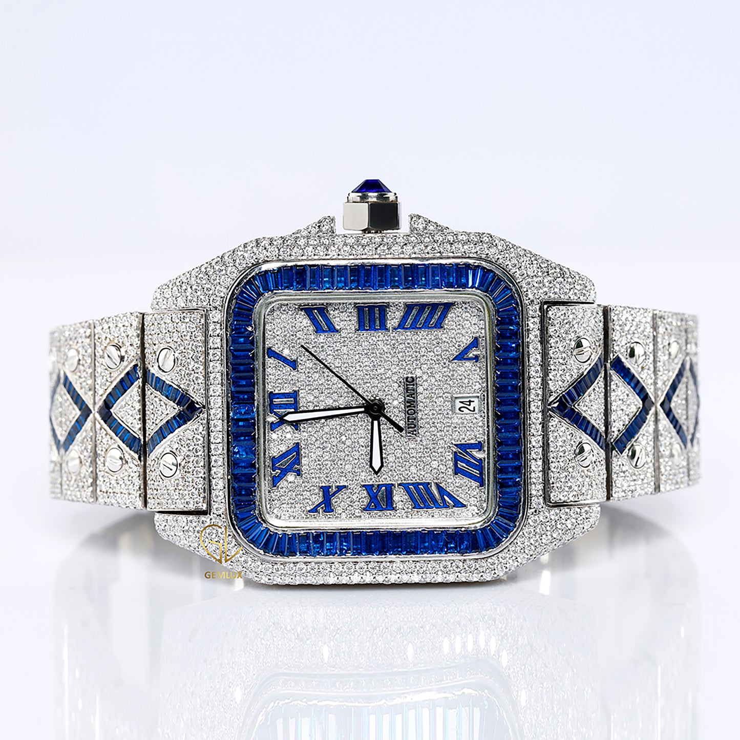 Blue Sapphire Bezel Square Roman Dial Cutomise Iced Out Moissanite Watch