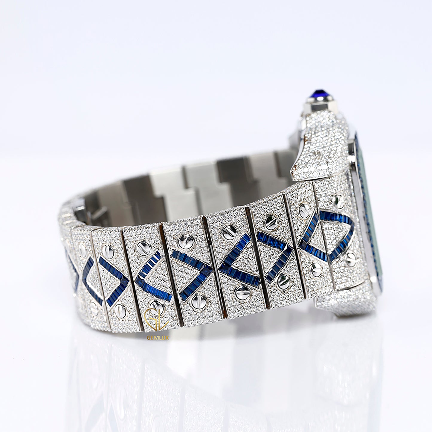 Blue Sapphire Bezel Square Roman Dial Cutomise Iced Out Moissanite Watch