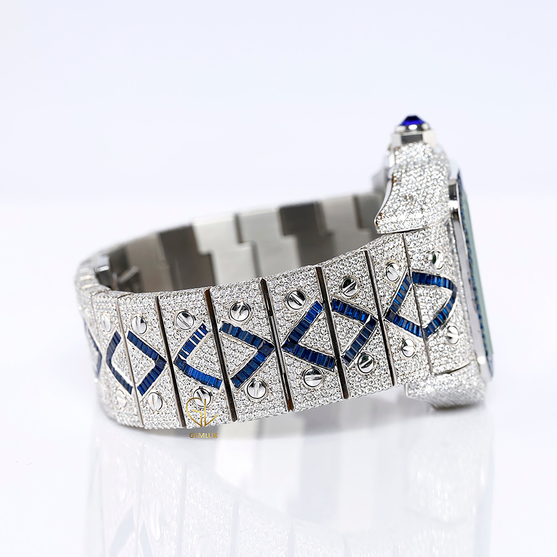 Blue Sapphire Bezel Square Roman Dial Cutomise Iced Out Moissanite Watch